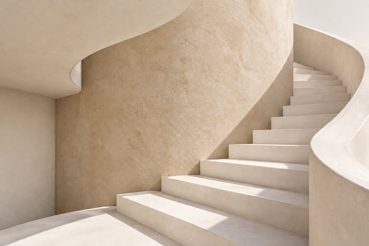 Ivory sculptural stairs against a sandy beige architectural wall