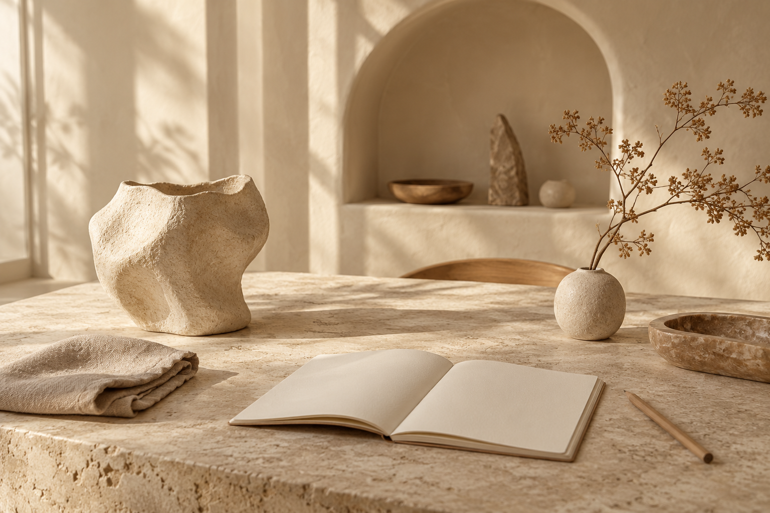 A sunlit artisan worktable with ceramics, linen, and an open notebook